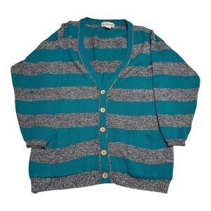 Vintage Amilano Acrylic Gray Teal‎ Striped Cardigan Sweater Women's L Oversized